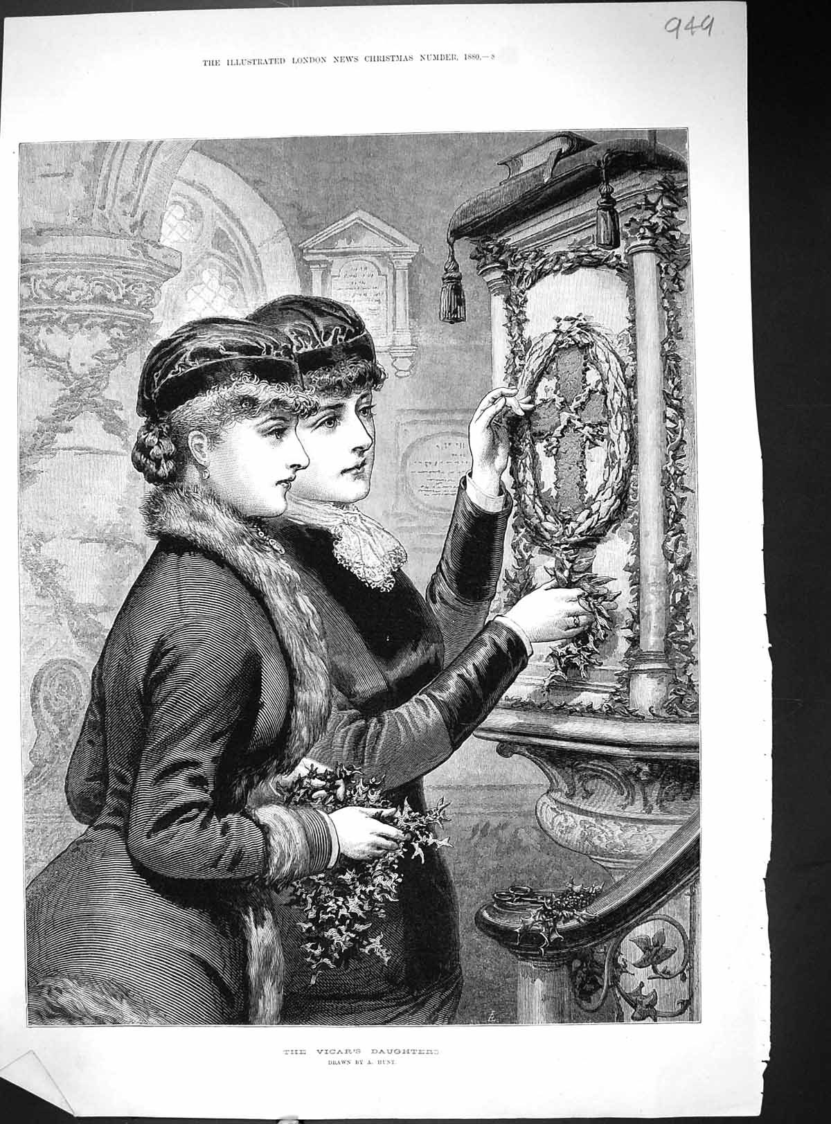 Antique Print Portrait Beautiful Women Vicars Daughters Church Flowers 1880