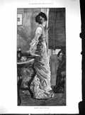 Original Old Antique Print 1881 Woman Looking House Window Somebody'S Coming