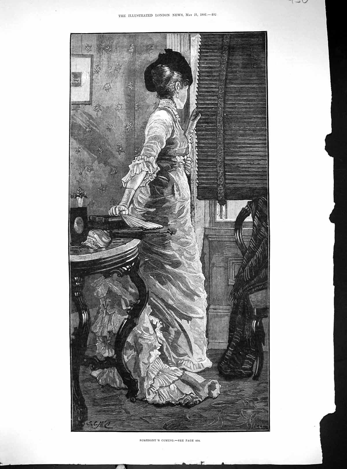 Original Old Antique Print 1881 Woman Looking House Window Somebody'S Coming