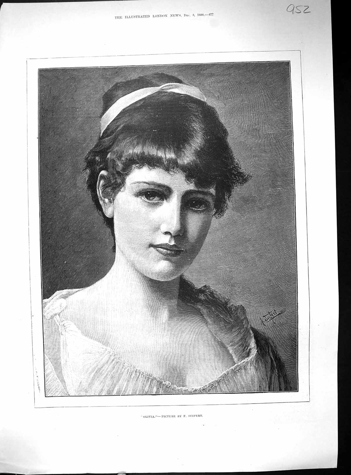 Original Old Antique Print 1888 Portrait Beautiful Woman Olivia Seifert 19th