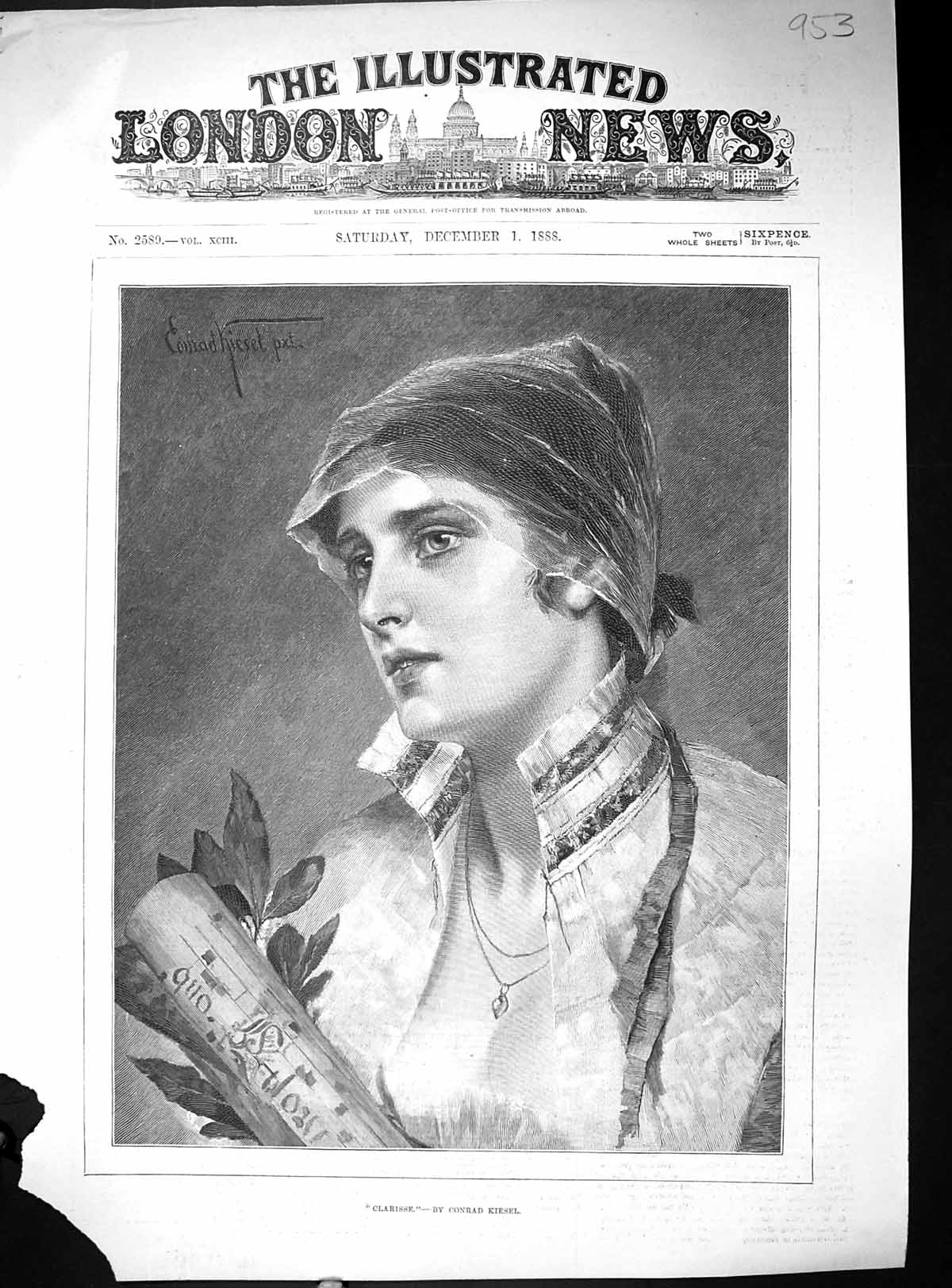 Original Old Antique Print 1888 Portrait Beautiful Woman Clarisse Conrad Kiesel