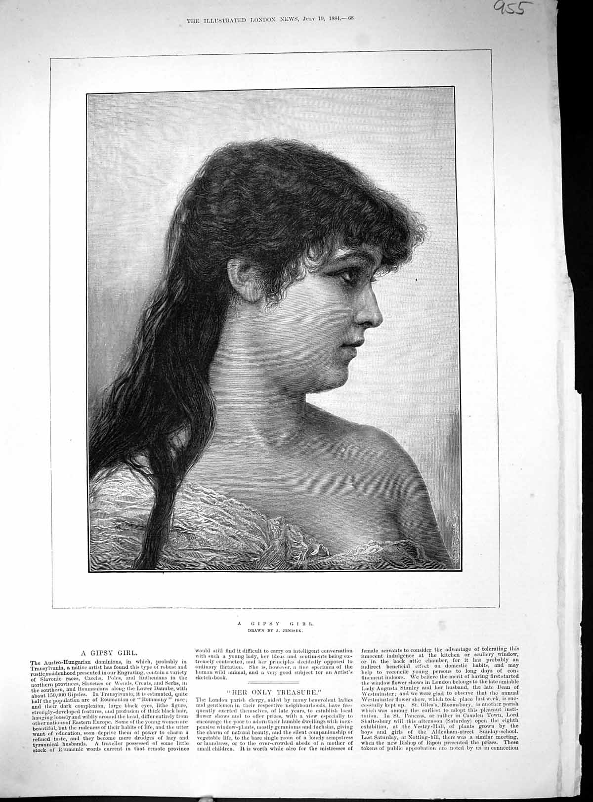 Original Old Antique Print 1884 Portrait Beautiful Woman Gipsy Girl Jenisek