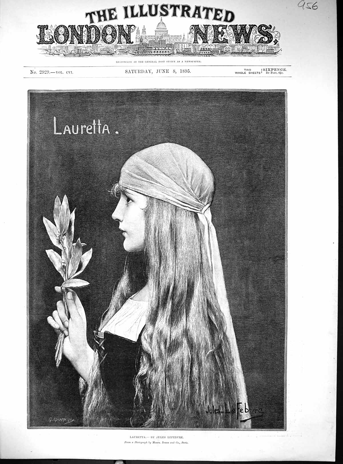 Original Old Antique Print 1895 Portrait Beautiful Girl Lauretta Jules Lefebvre