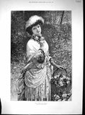Old Antique Print Beautiful Woman Picking Flowers Time Roses Knowles 1885 19th