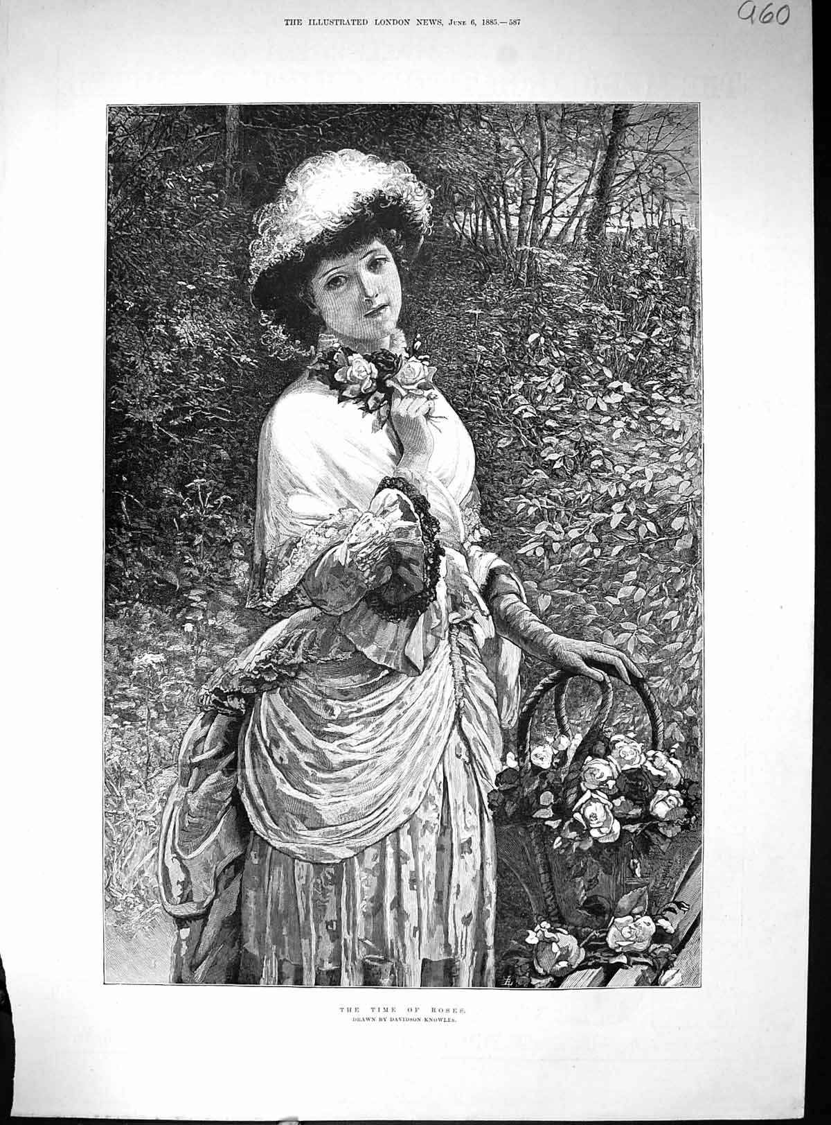 Old Antique Print Beautiful Woman Picking Flowers Time Roses Knowles 1885 19th
