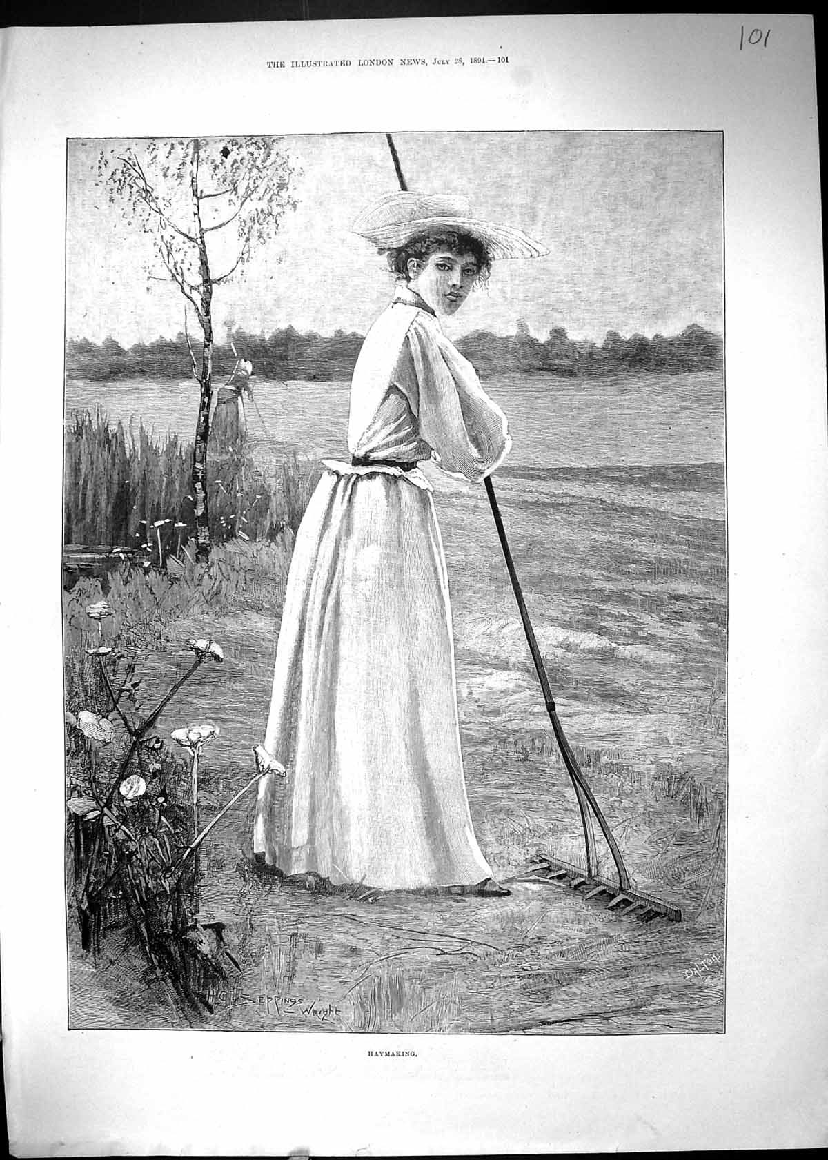 Original Old Antique Print 1894 Haymaking Agriculture Beautiful Woman Victorian
