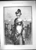 Original Old Antique Print 1859 Lady Manor Autum Stroll Beautiful Woman Knowles