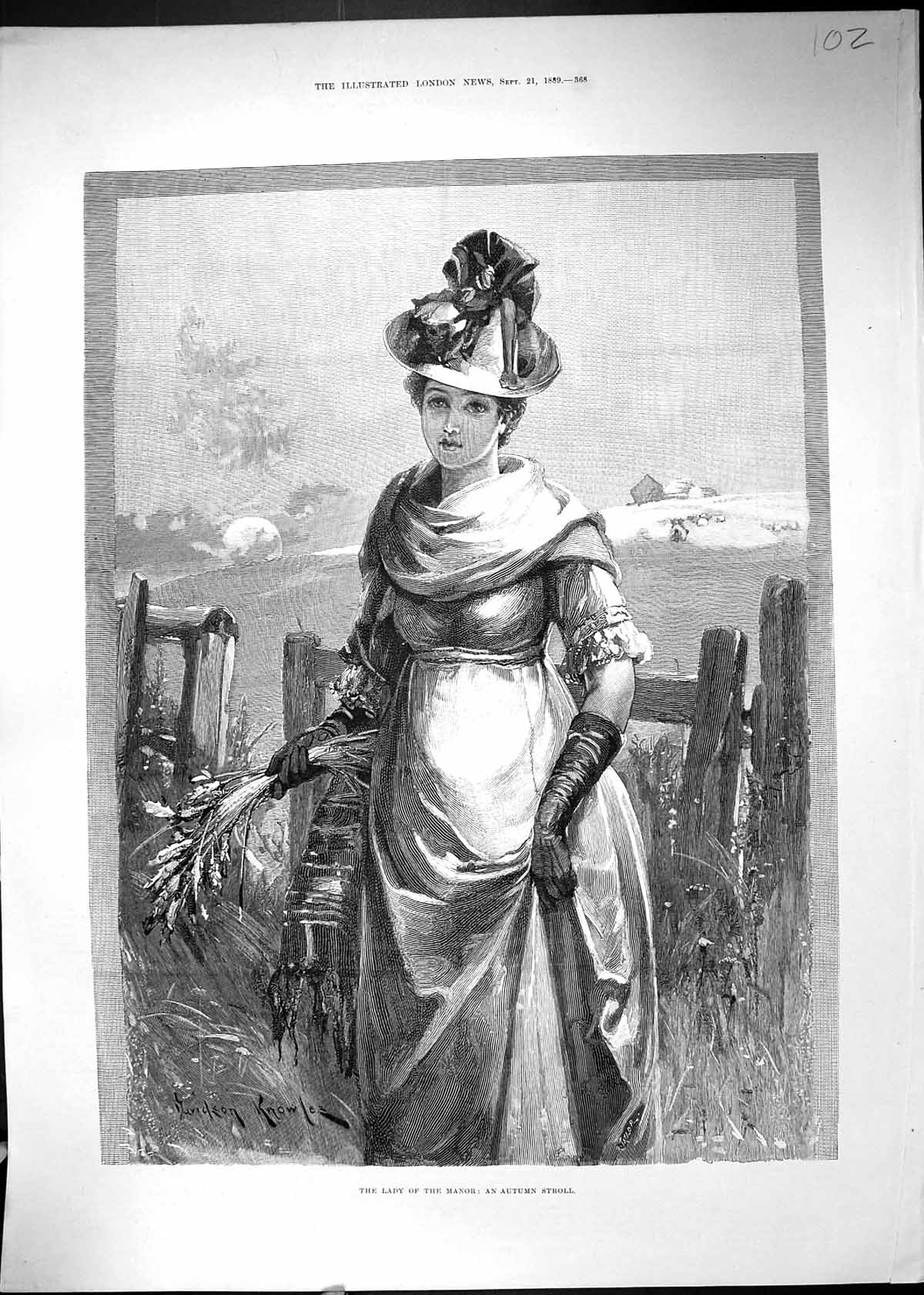 Original Old Antique Print 1859 Lady Manor Autum Stroll Beautiful Woman Knowles