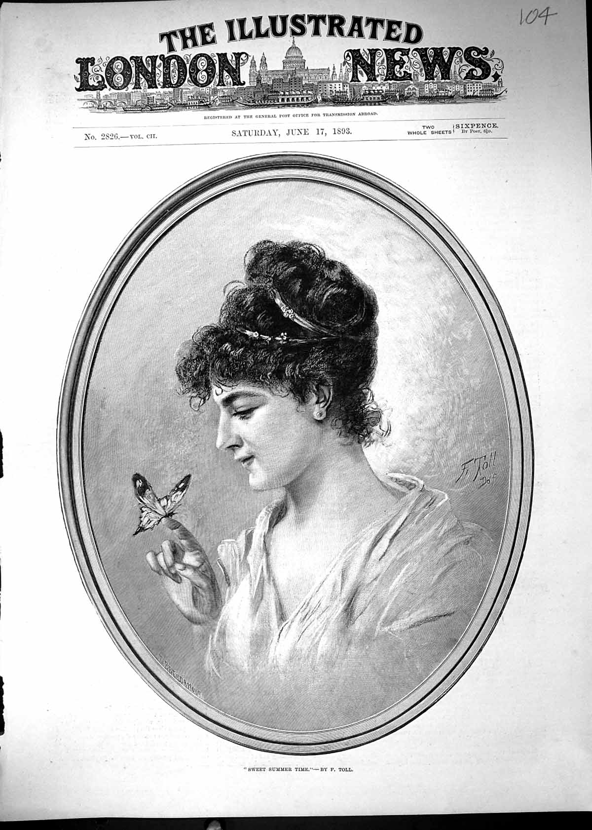 Old Print 1893 Portrait Beautiful Woman Butterfly Sweet Summer Time Toll 19th