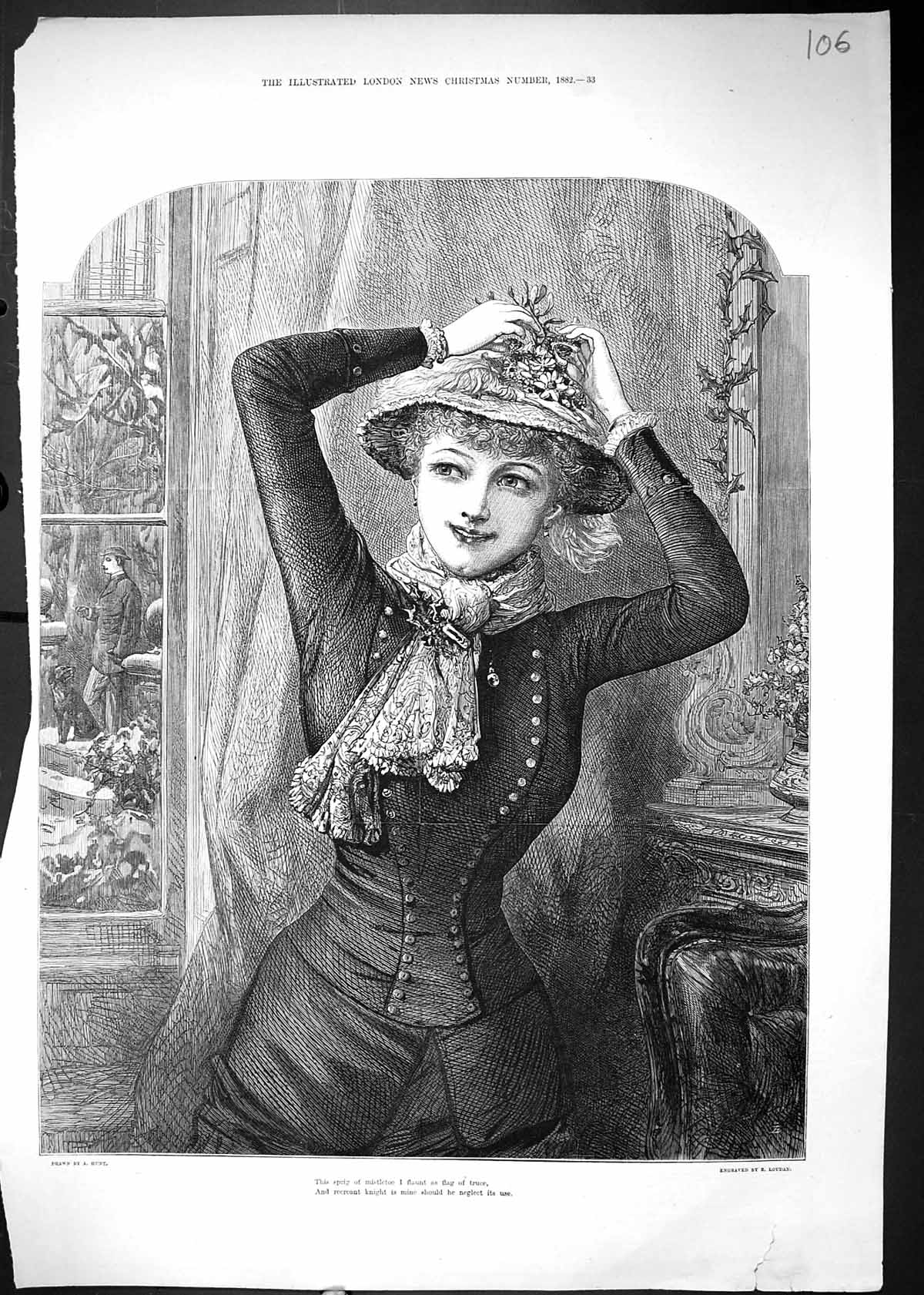 Antique Old Print 1882 Beautiful Woman Christmas Mistletoe Hat Fashion Dress