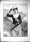 Antique Old Print 1890 Breeze Land Beach Scene Beautiful Woman Hat Umbrella