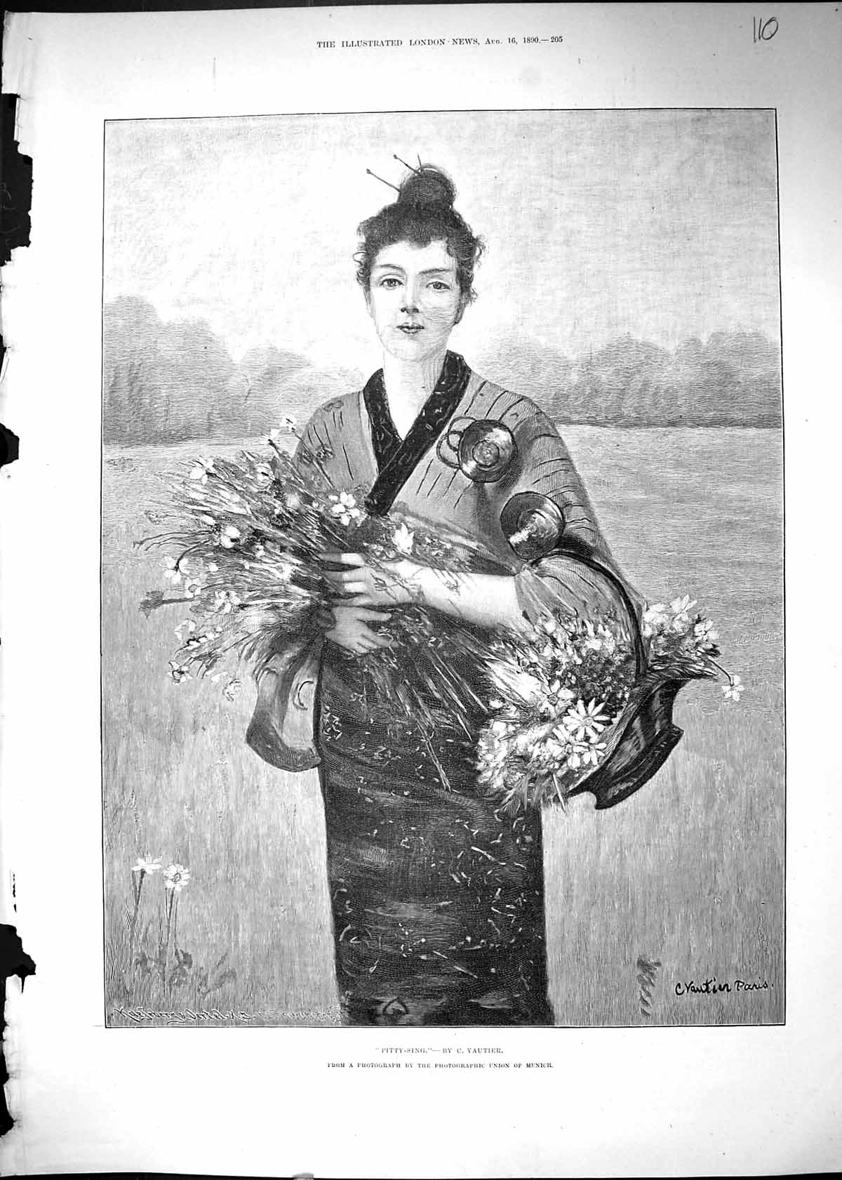 Antique Old Print Beautiful Woman Pitty-Sing Gathering Flowers Vautier 1890