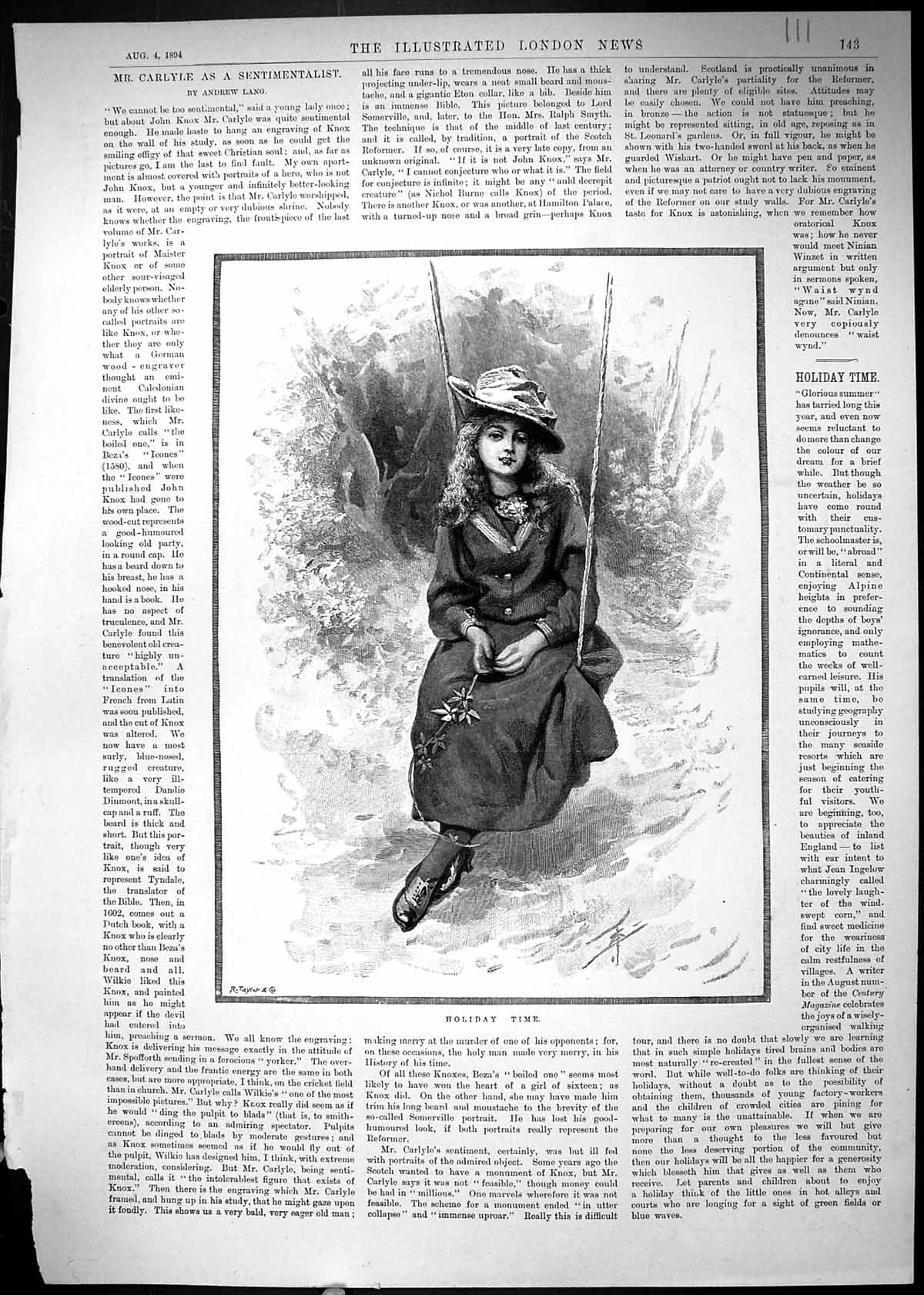 Original Old Antique Print 1894 Young Girl Sitting Garden Swing Holiday Time