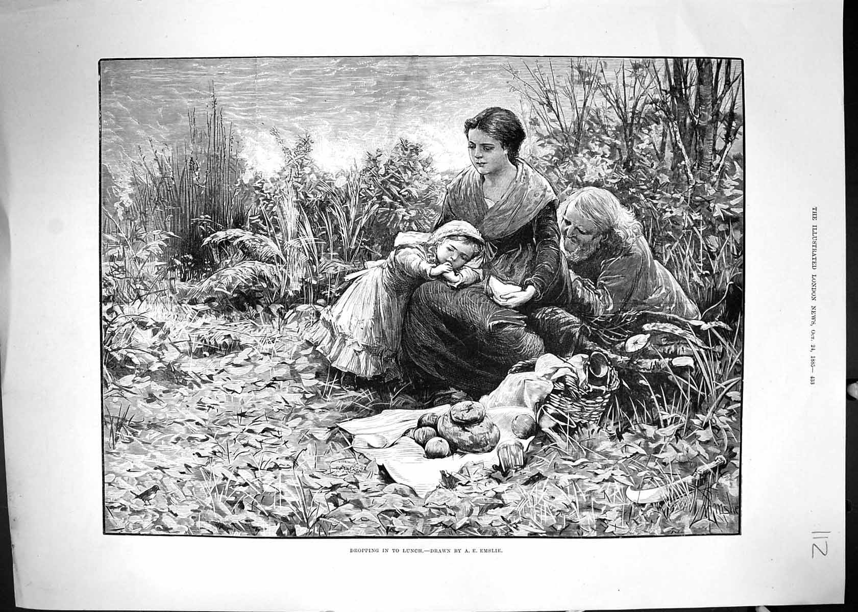 Antique Old Print Family Picnic Dropping Lunch Man Thief Country Scene 1885