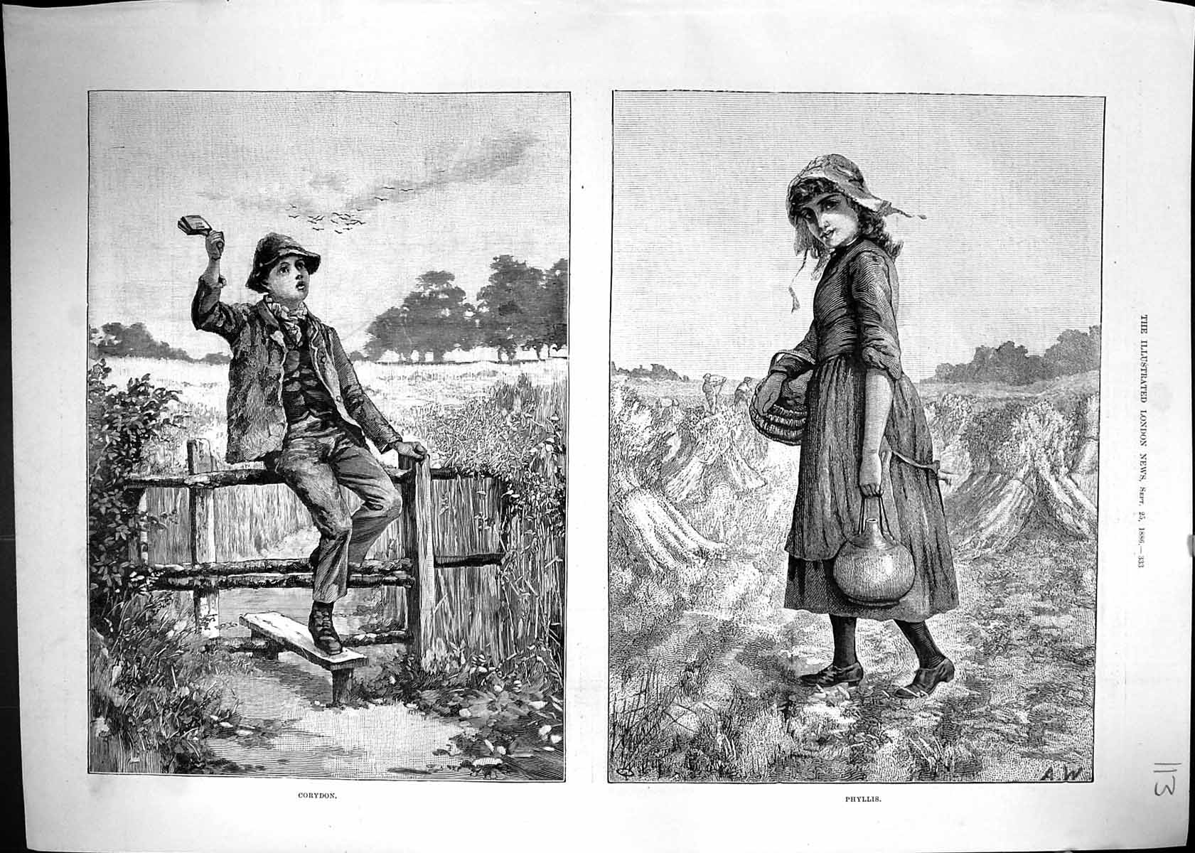 Old Antique Print 1886 Young Boy Girl Corydon Phyllis Agriculture Nature 19th