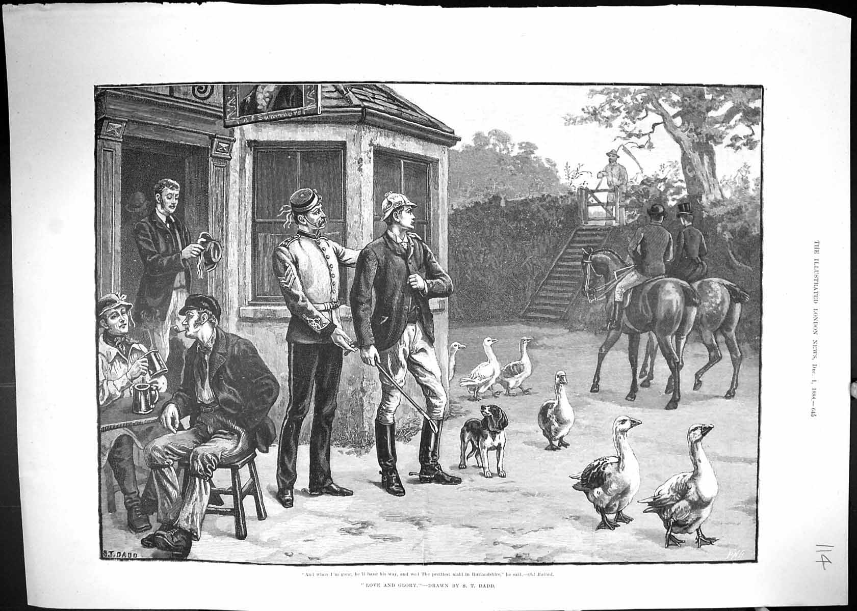 Antique Print 1888 Love And Glory Hunting Horses Public Inn Geese Dog Sier 19th