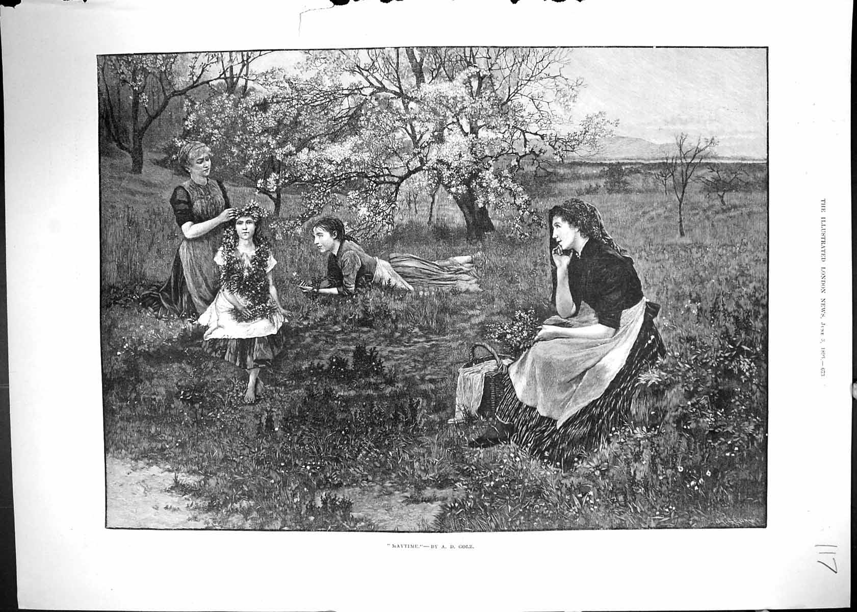 Old Antique Print Maytime Ladies Gathering Hops Flowers Agriculture 1893 19th