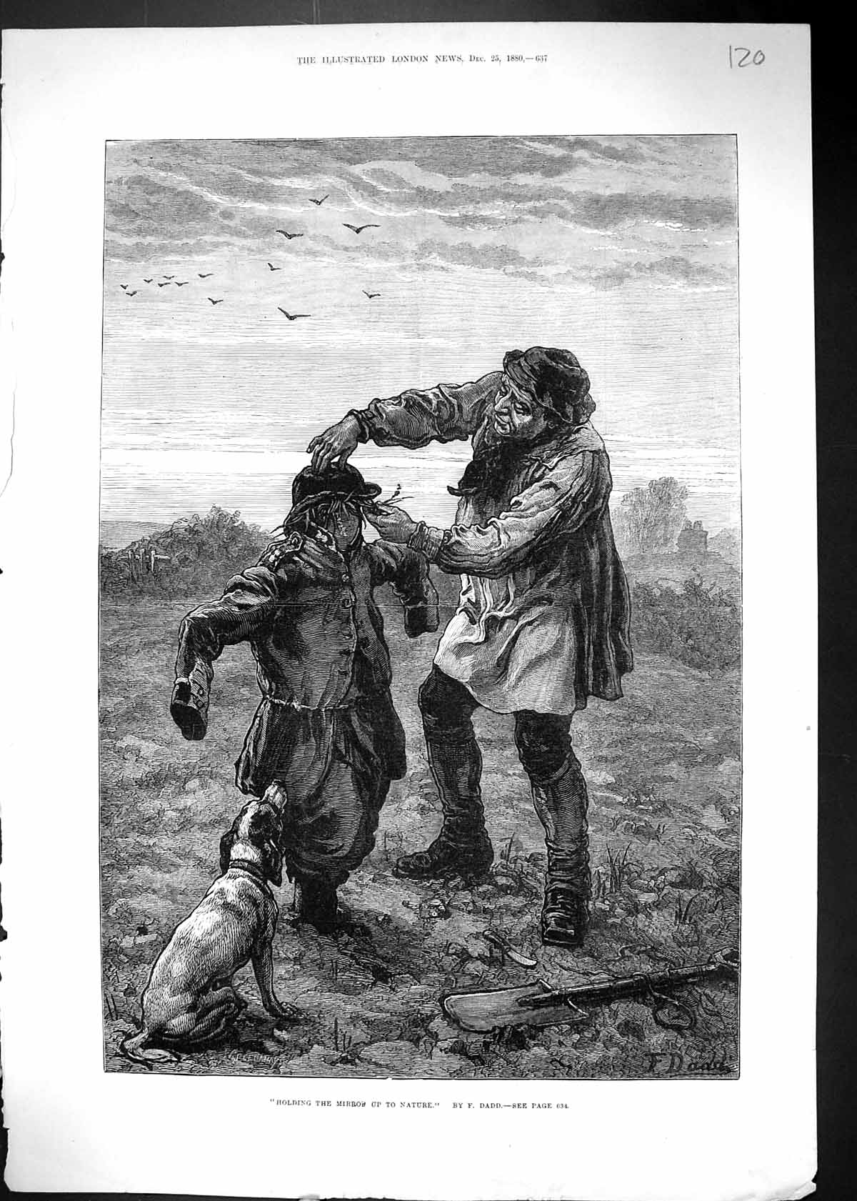 Original Old Antique Print 1880 Agriculture Farmer Scarecrow Dog Nature Dadd