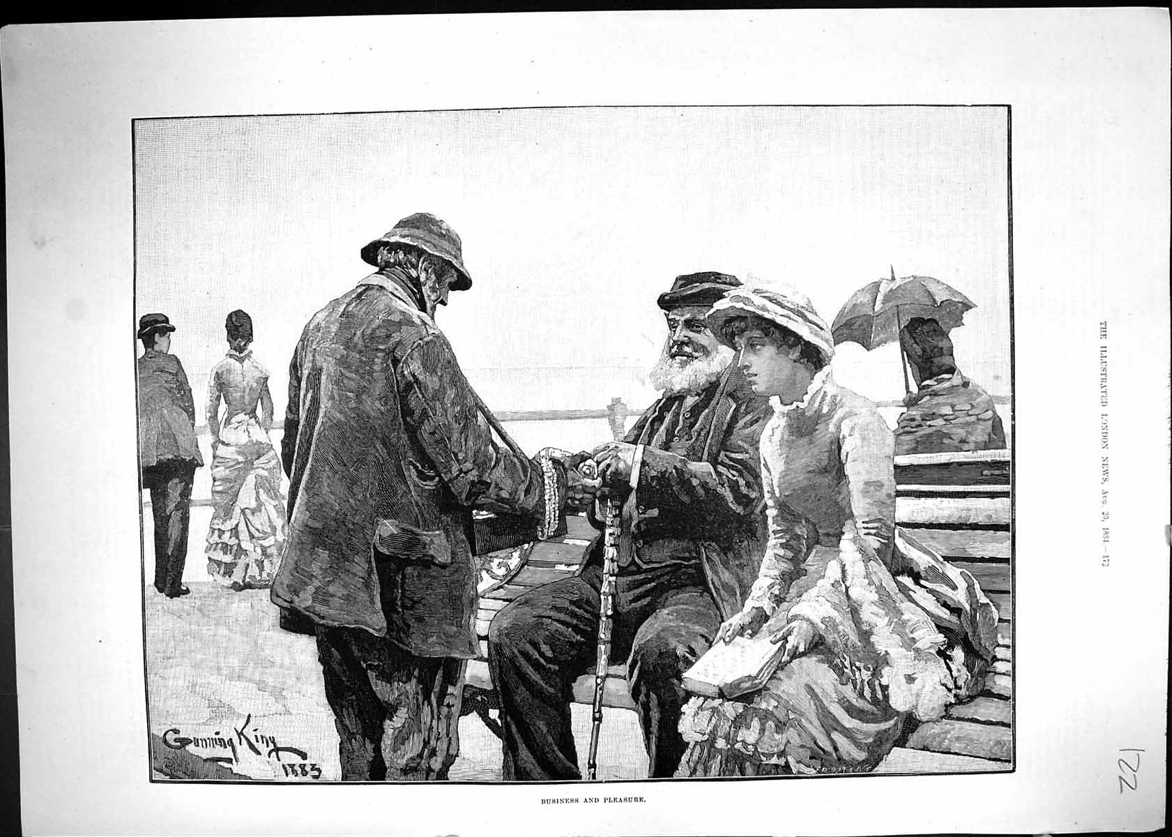 Old Antique Print 1884 Business And Pleasure Seaside Resort Street Seller 19th