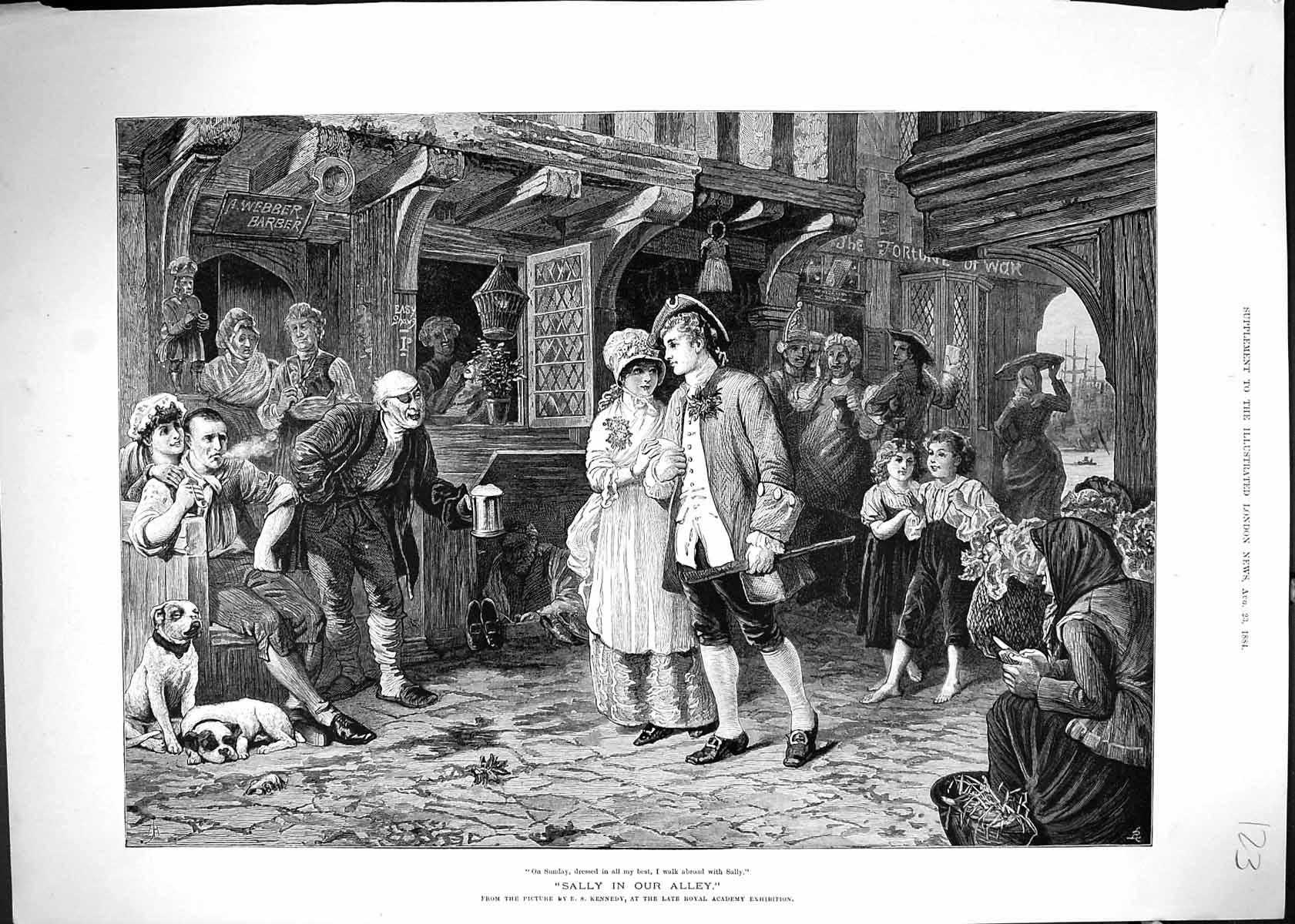 Antique Old Print 1884 Sally In Our Alley Man Lady Romance Public House Inn
