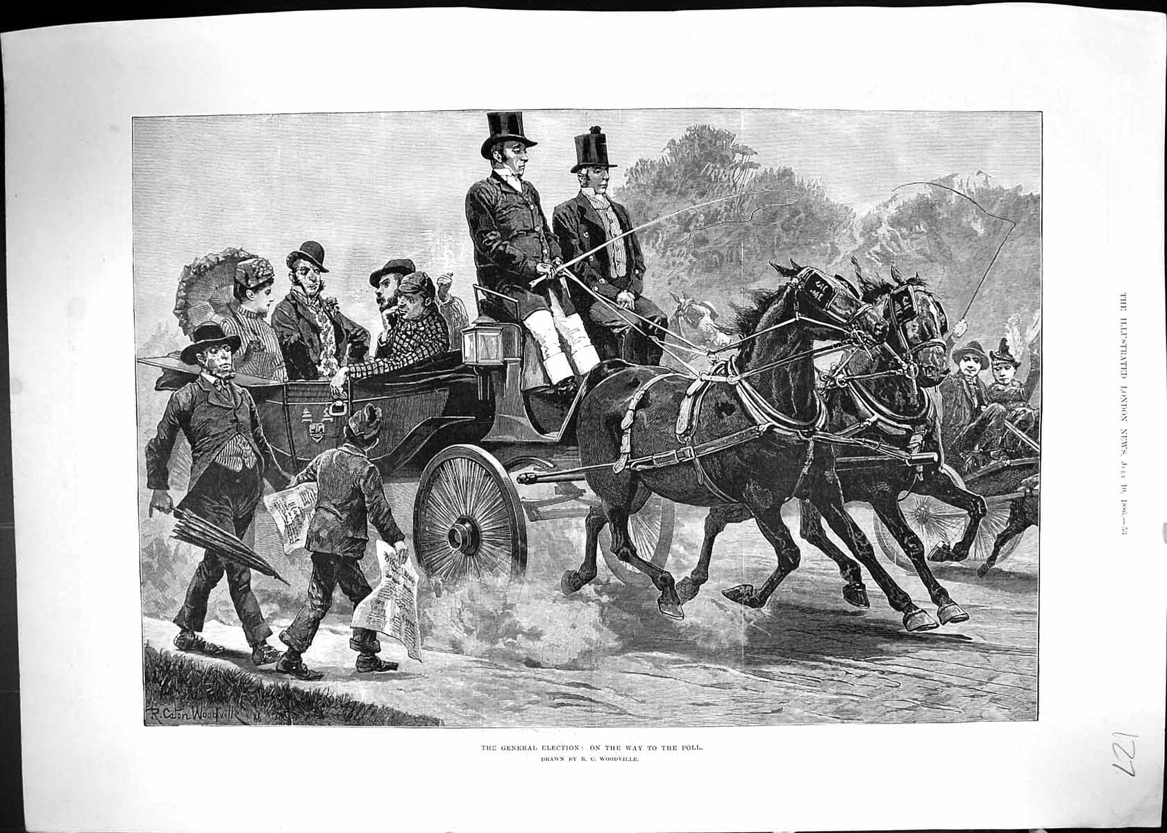 Antique Print General Election Voters Travelling Poll Horses Carriage 1886 19th