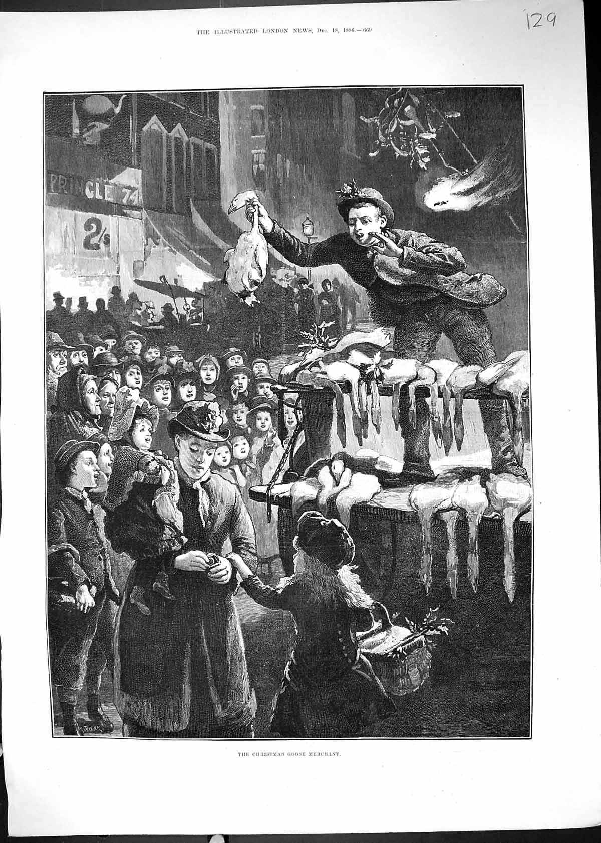 Original Old Antique Print 1886 Christmas Goose Merchant Salesman Market Scene