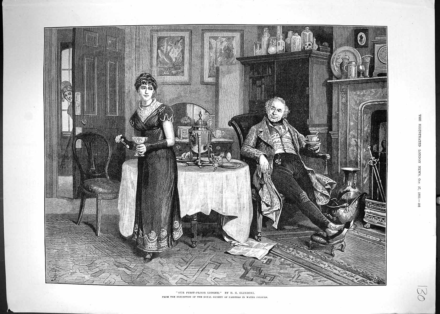 Old 1883 First Floor Lodger Man Sitting Fireside Tea-Time House Scene Victorian
