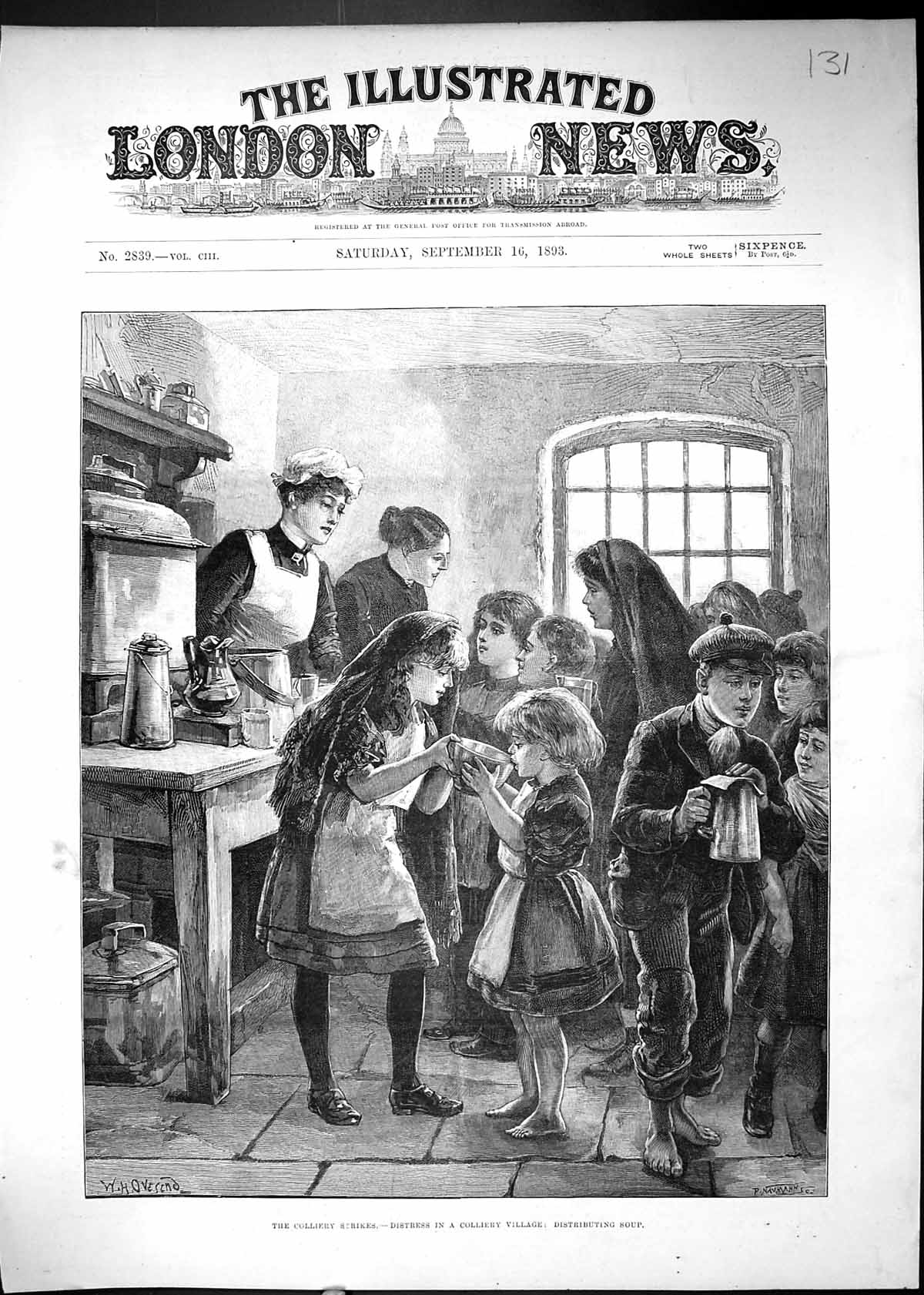 Antique Print 1893 Colliery Strikes Distributing Soup Poor Children Village