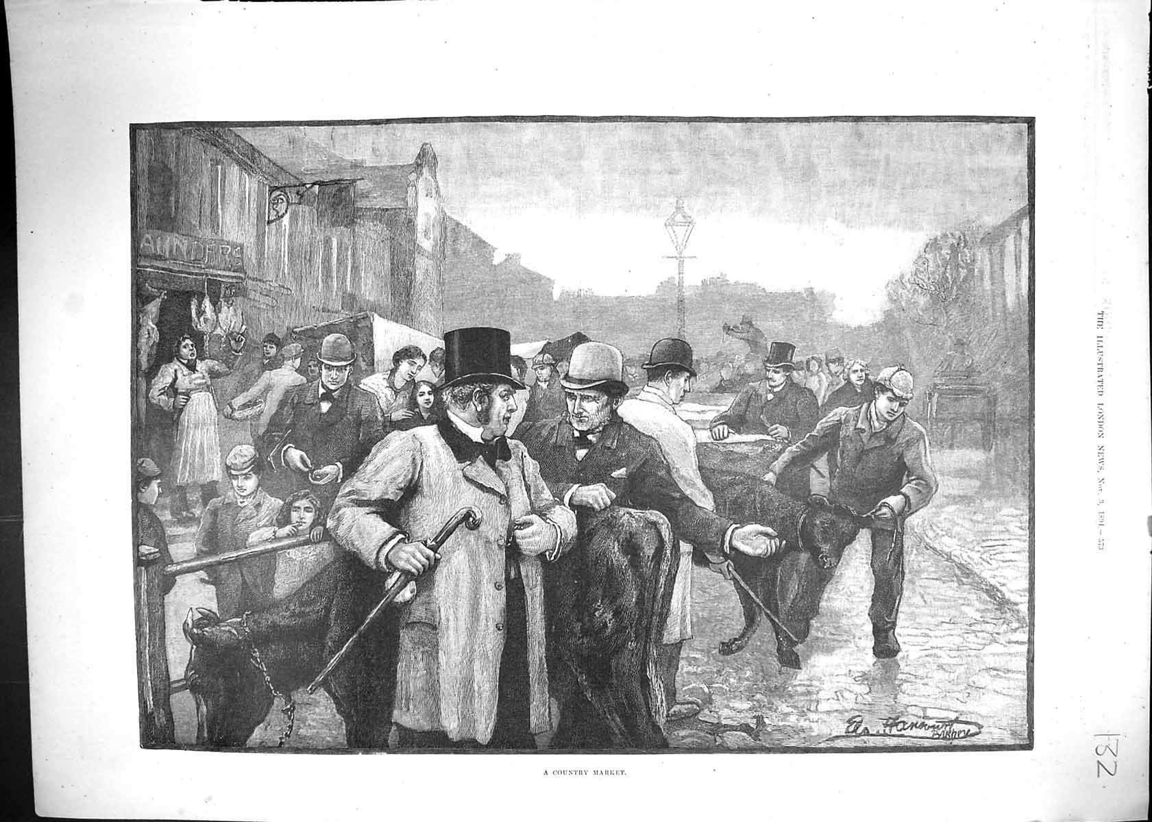 Old Antique Print 1894 Country Market Scene Selling Cattle Cows Animals 19th