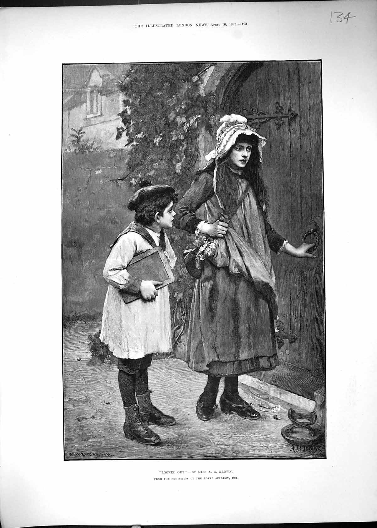 Antique Old Print 1892 Locked Out Children Village School Church Door Brown