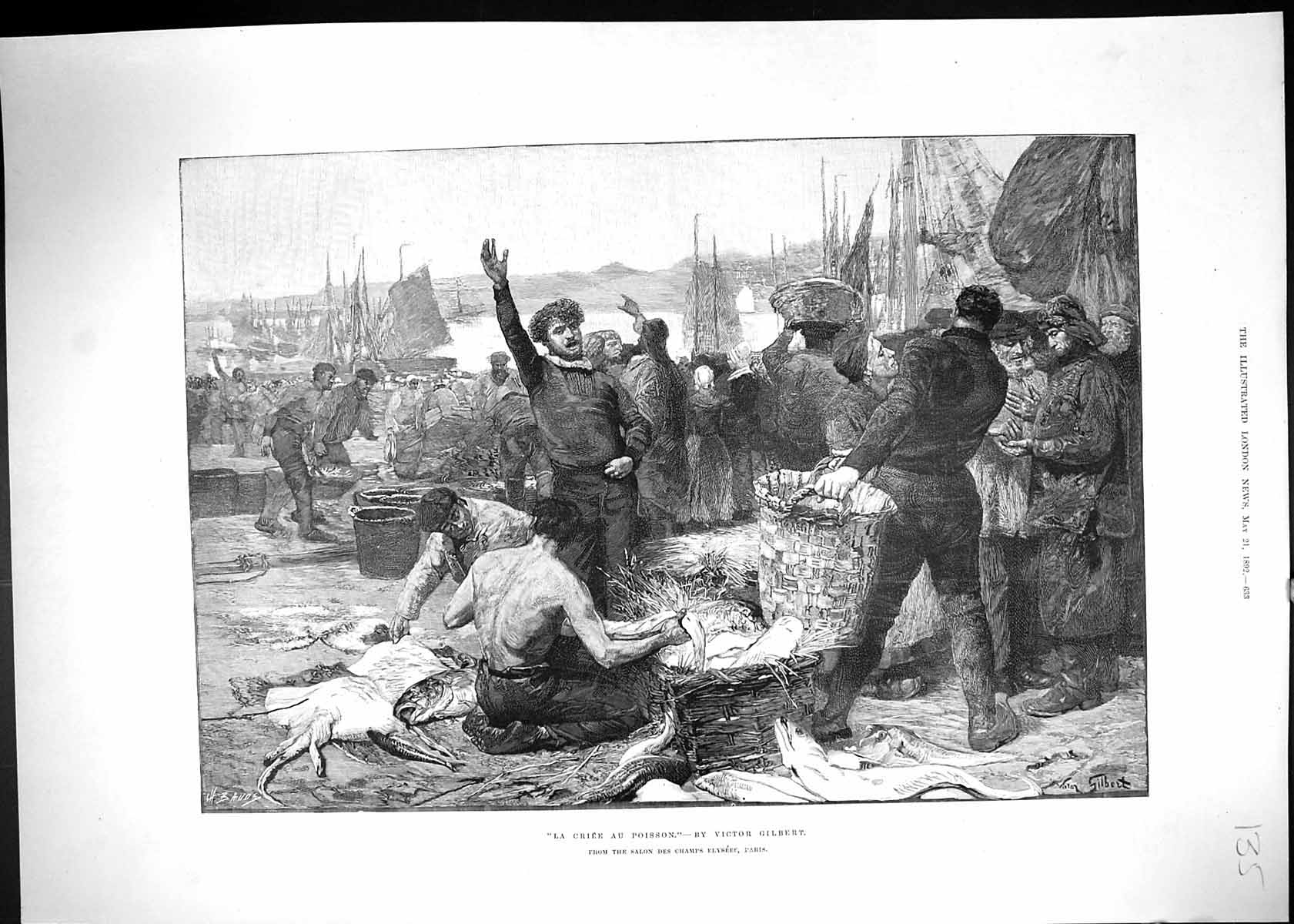 Antique Old Print 1892 La Criee Au Poisson Fish Market Scene Victor Gilbert