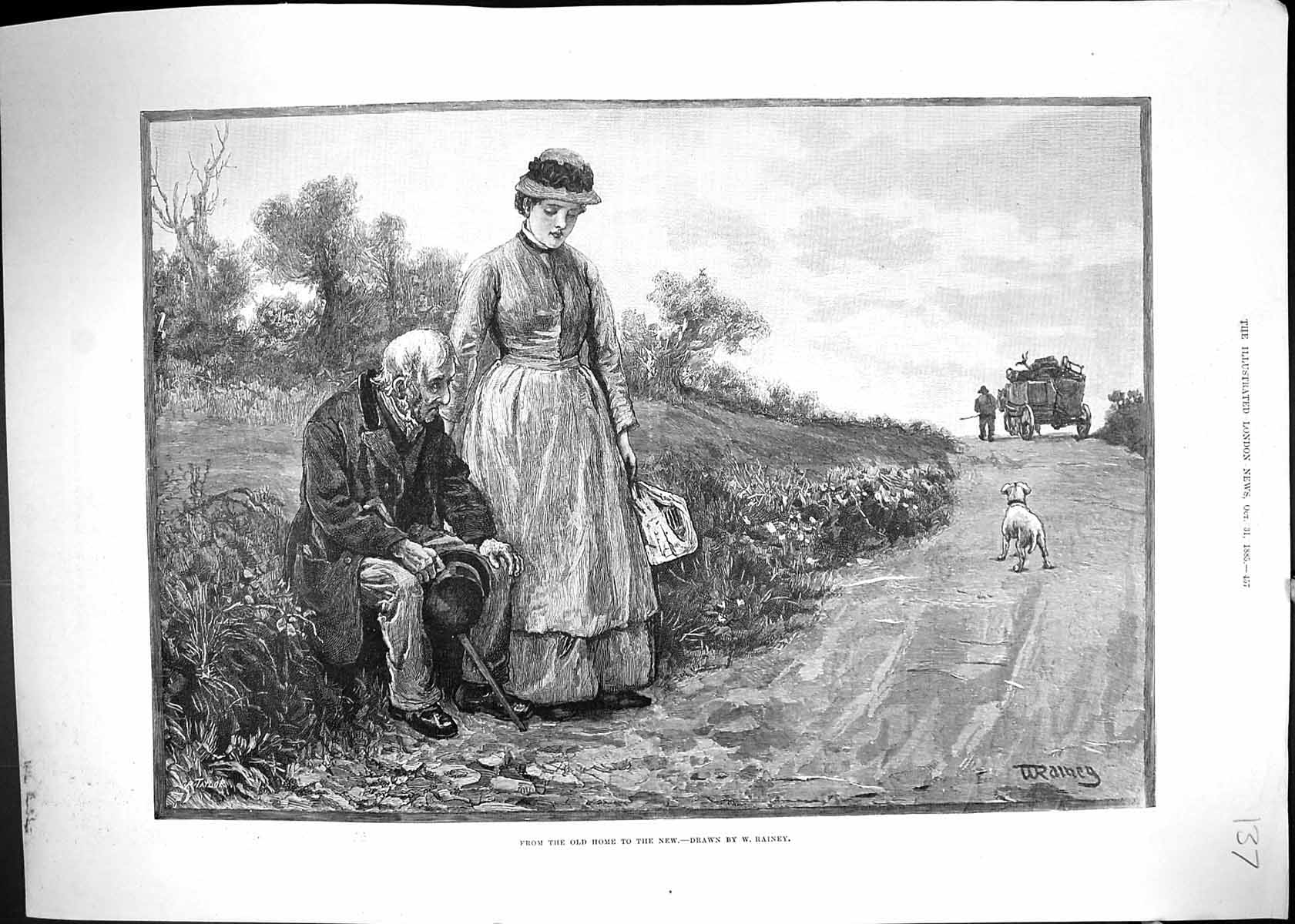 Original Old Antique Print 1885 Man Moving Home Country Lane Horse Dog Cart