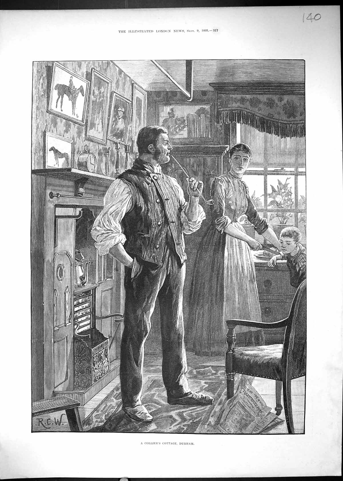 Original Old Antique Print 1893 Collier Cottage Durham Miner Family Home 19th