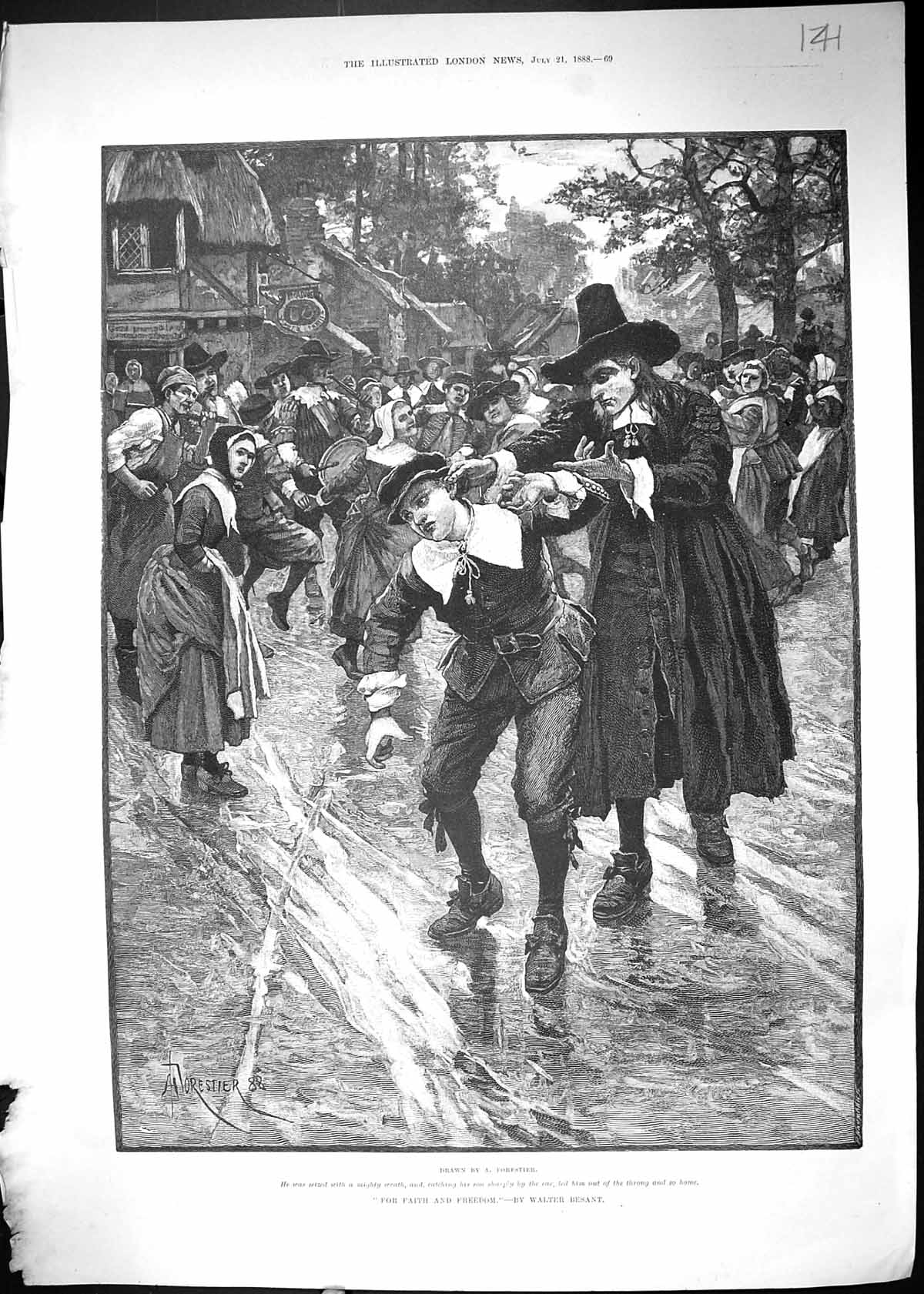 Old Print 1888 Mischief Boy Led By The Ear Run Out Village Walter Besant 19th