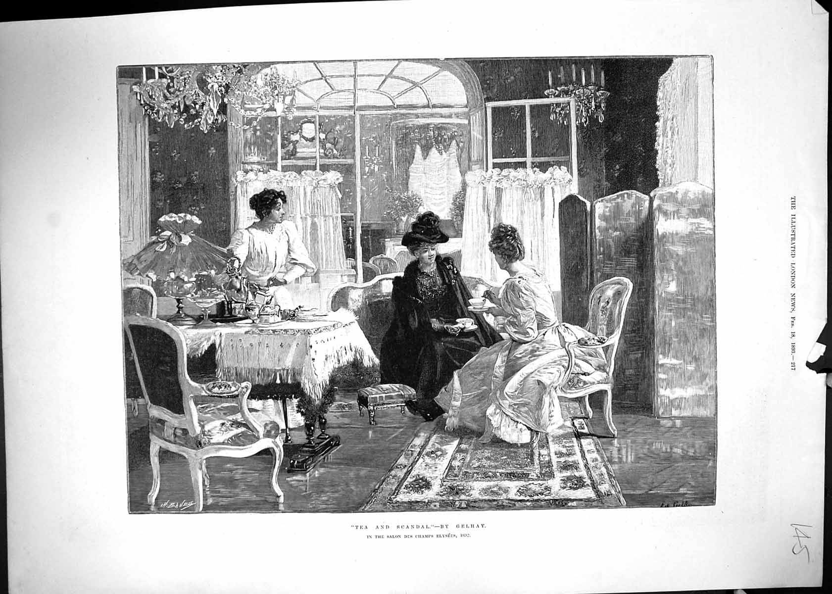 Old Antique Print 1893 Tea Scandal Ladies Tea-Time Gelhay Champs Elysees 19th