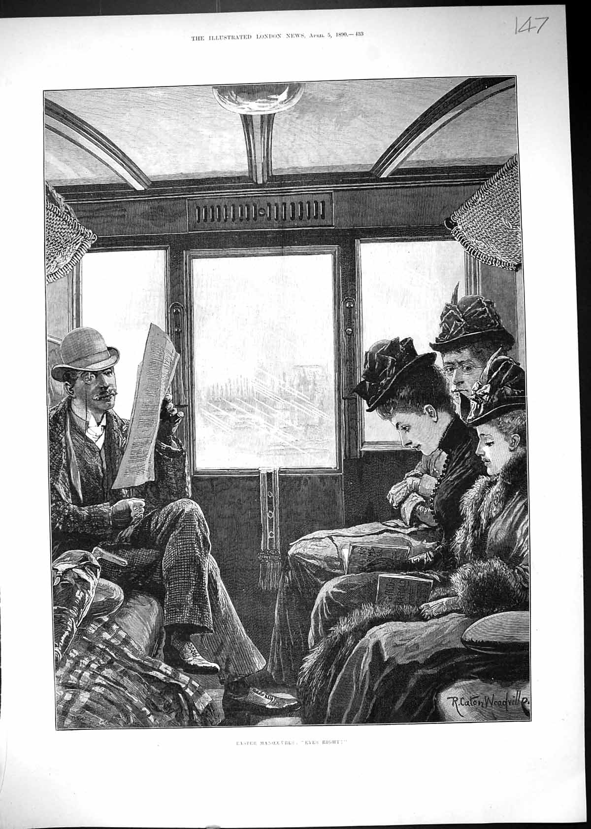 Antique Old Print 1890 Easter Manoeuvres Train Carriage Passengers Railway 19th