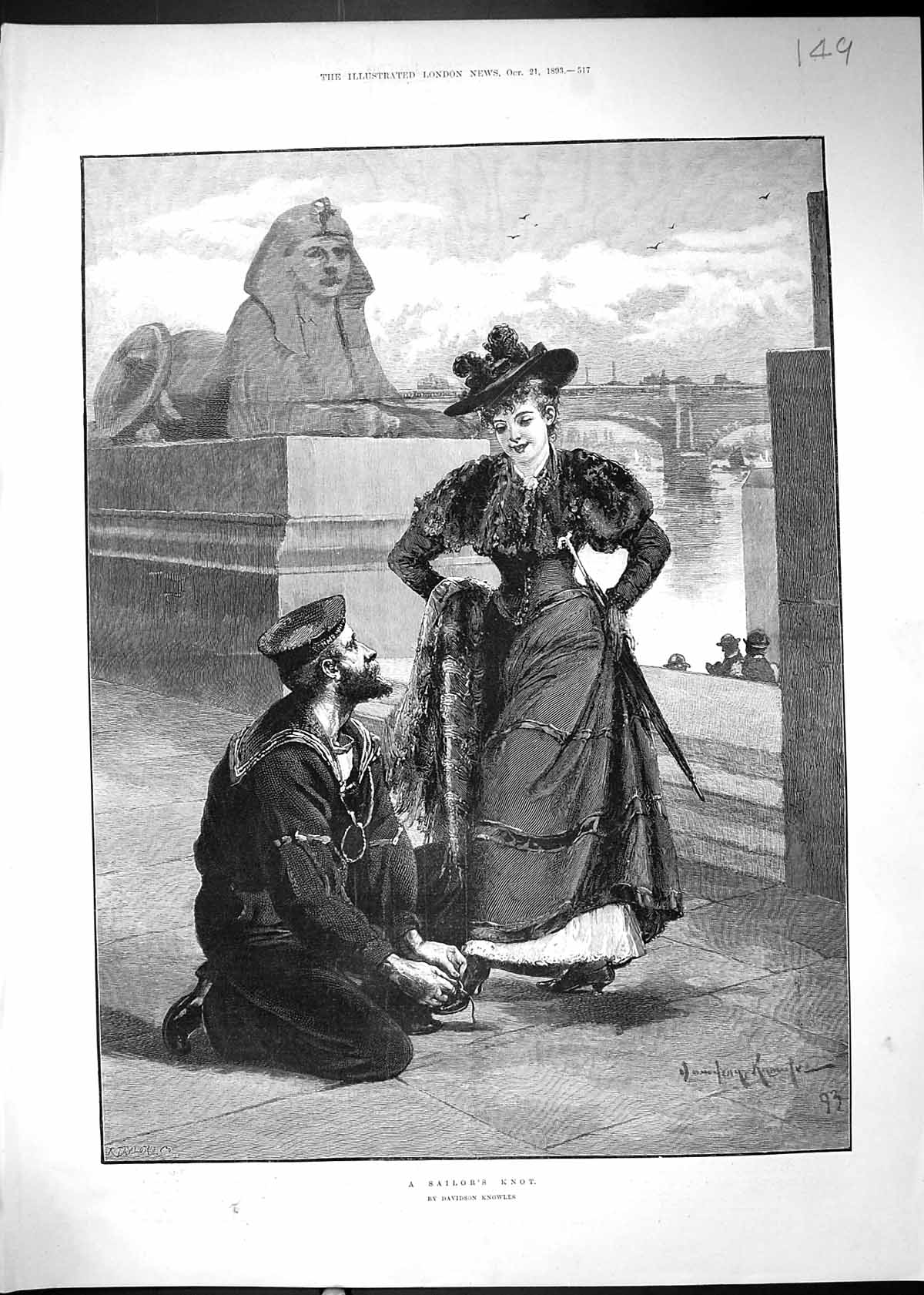 Old Antique Print Sailor Knot Beautiful Woman River Bridge Romance 1893 19th