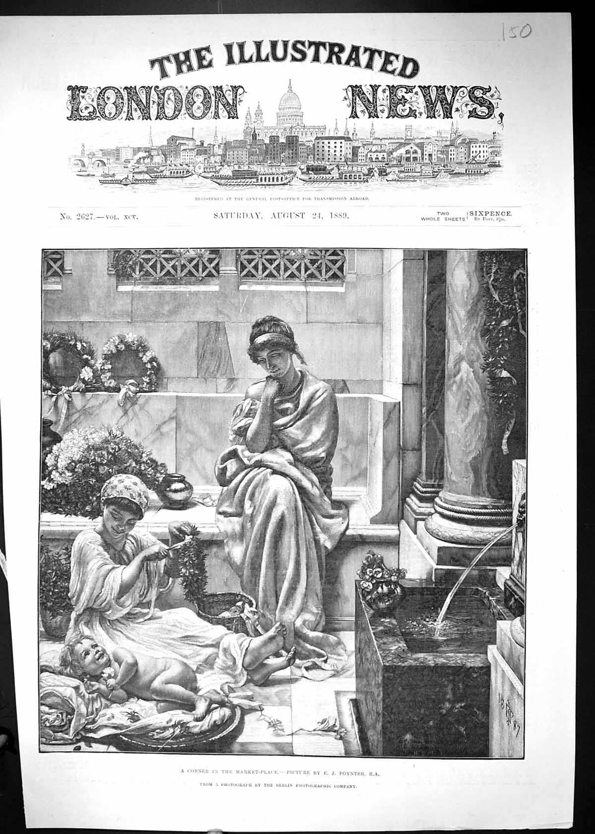 Antique Old Print 1889 Corner Scene Market Place Ladies Bating Baby Poynter