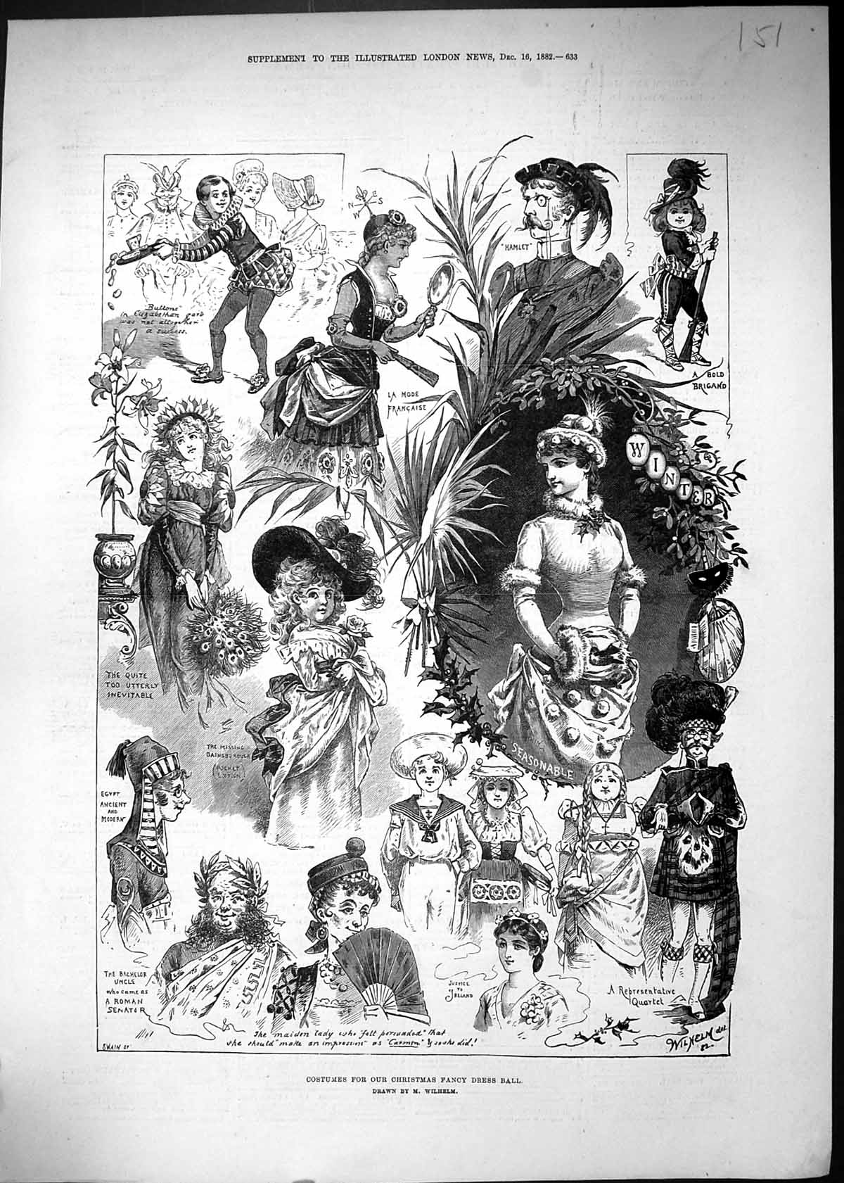 Old Antique Print 1882 Costumes Christmas Fancy Dress Ball Hamlet Egypt 19th