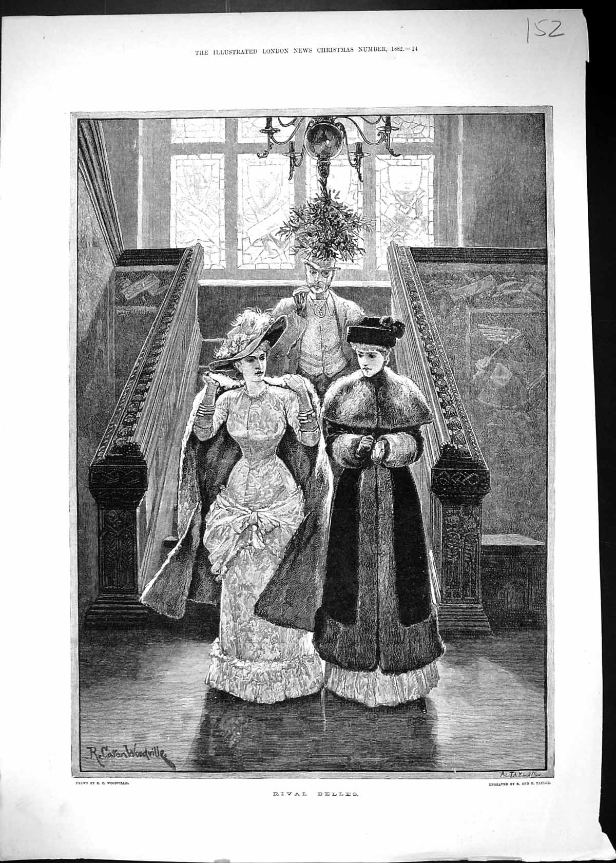 Antique Old Print Rival Belles Beautiful Women House Stairs 1882 Woodville 19th