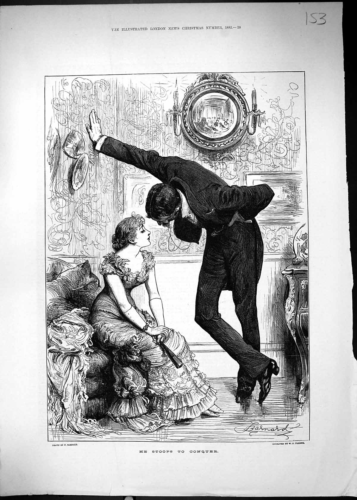 Original Old Antique Print He Stoops Conquer Man Lady Romance 1882 Barnard 19th