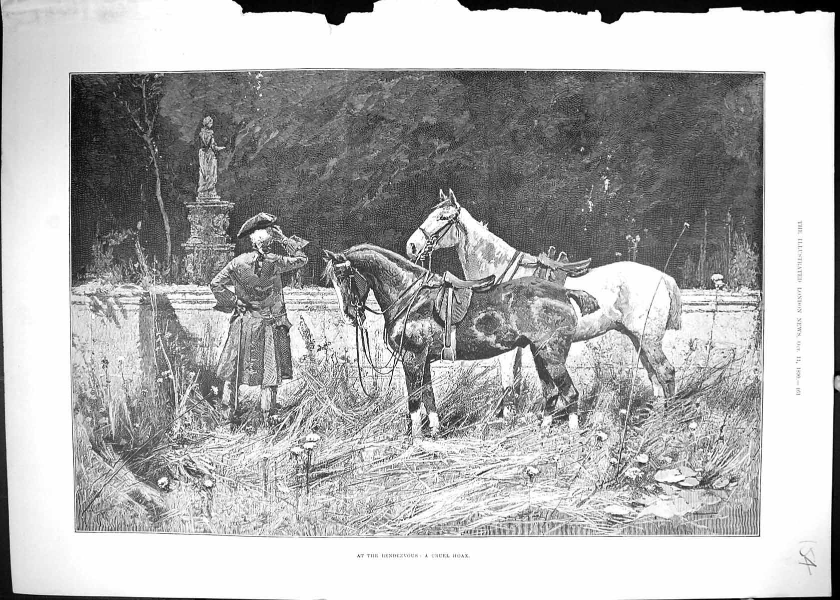 Old Antique Print 1890 Rendezvous Cruel Hoax Man Horses Waiting Romance 19th