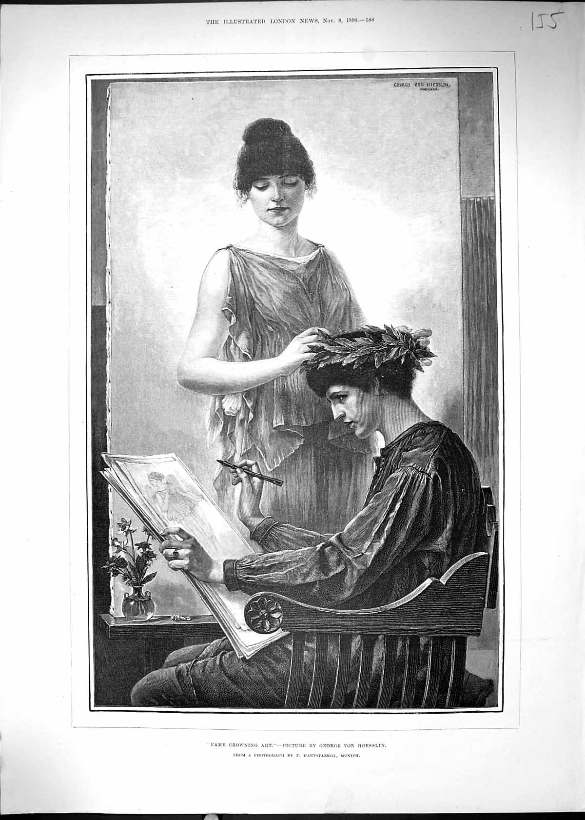 Antique Old Print 1890 Fame Crowning Art Man Drawing Picture Beautiful Woman