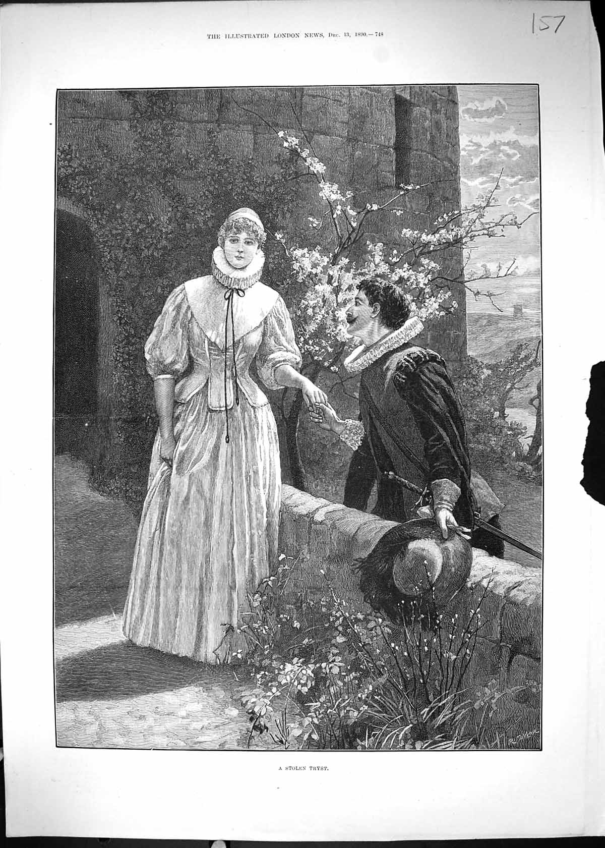 Original Old Antique Print 1890 Man Lady Romance Castle Wall Stolen Tryst 19th