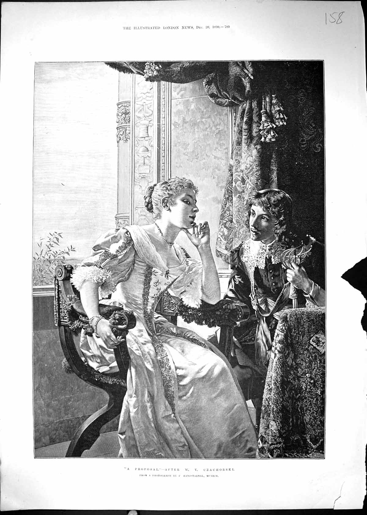 Original Old Antique Print 1890 Man Lady Proposal Romance Czachorski Victorian