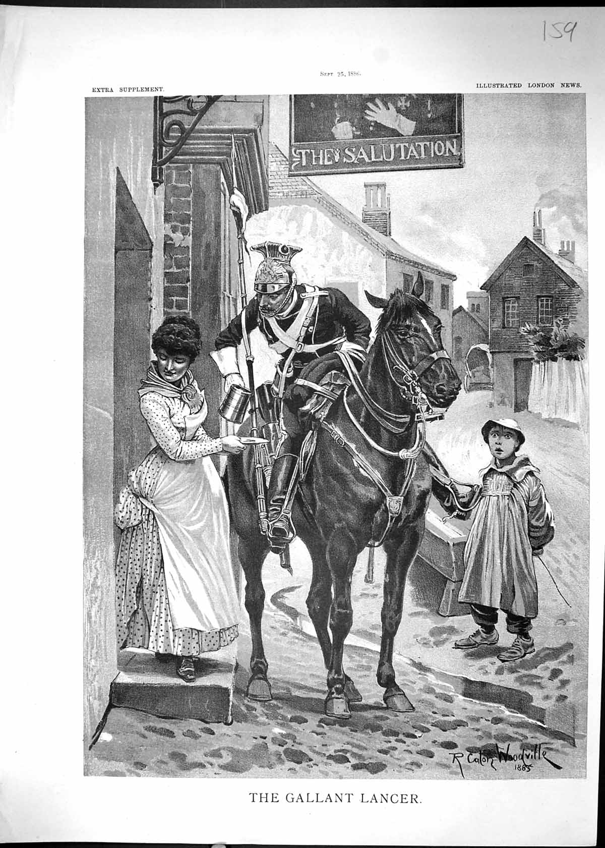 Antique Old Print 1886 Gallant Lancer Man Horse Salutation Public House Inn