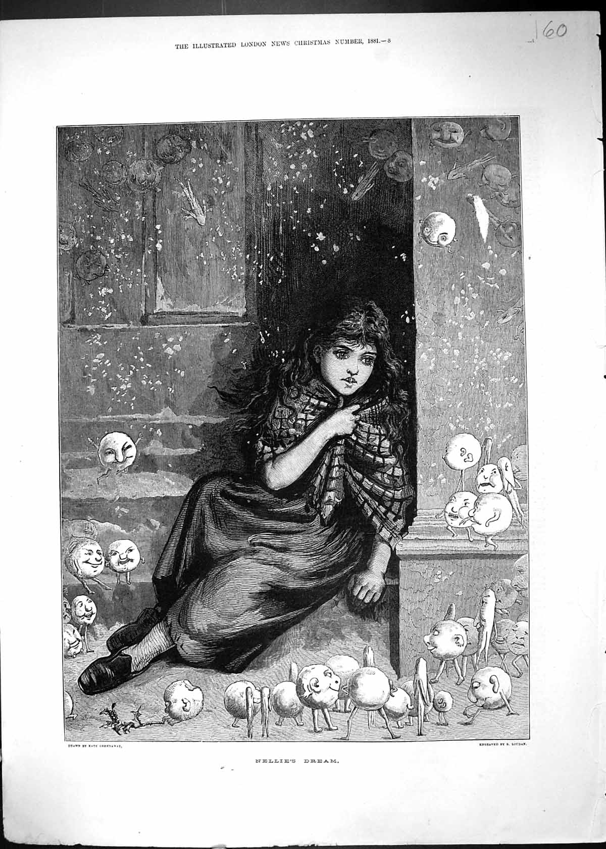 Antique Old Print 1881 Nellie'S Dream Beautiful Young Girl Bubbles Greenaway