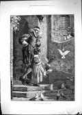 Antique Old Print 1882 Pets Birds Man Smoking Pipe House Doorstep Young Girl