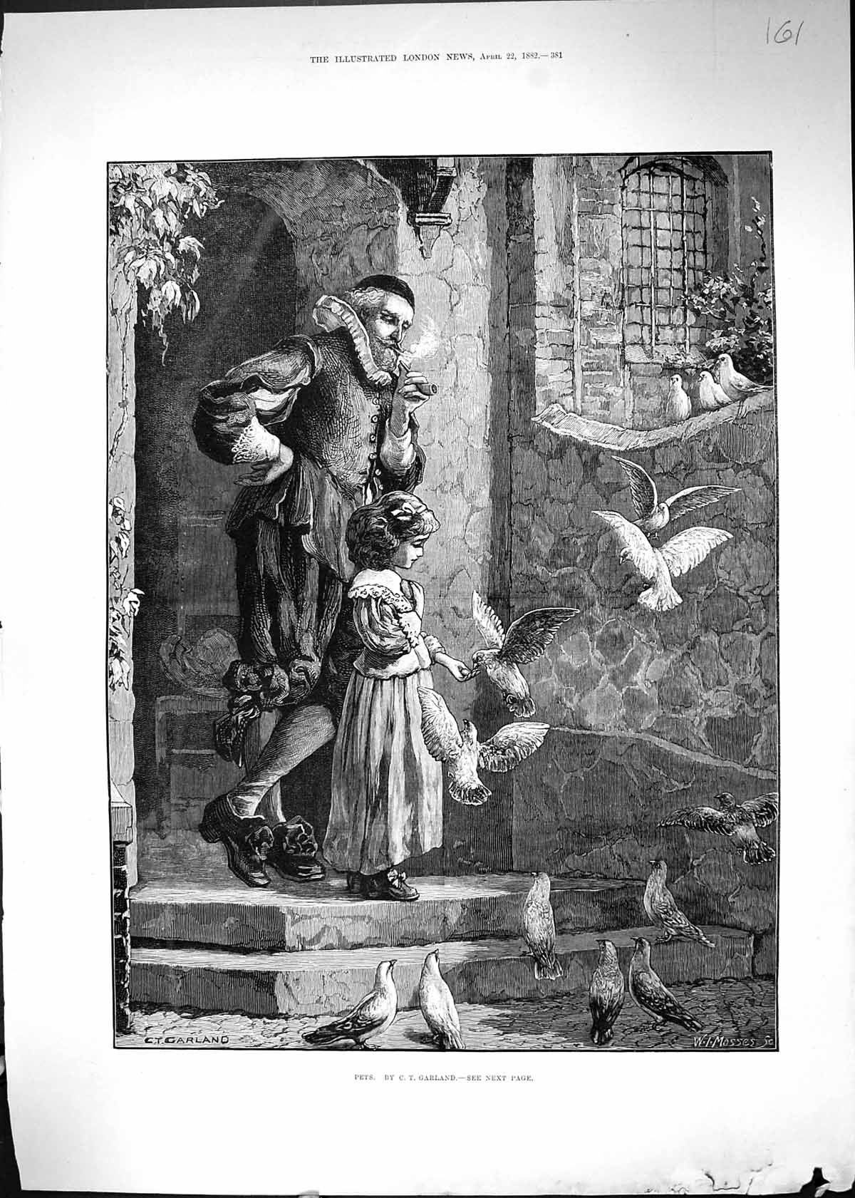 Antique Old Print 1882 Pets Birds Man Smoking Pipe House Doorstep Young Girl