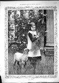Original Old Antique Print 1885 Young Girl Pet Lamb Garden Scene Animals 19th